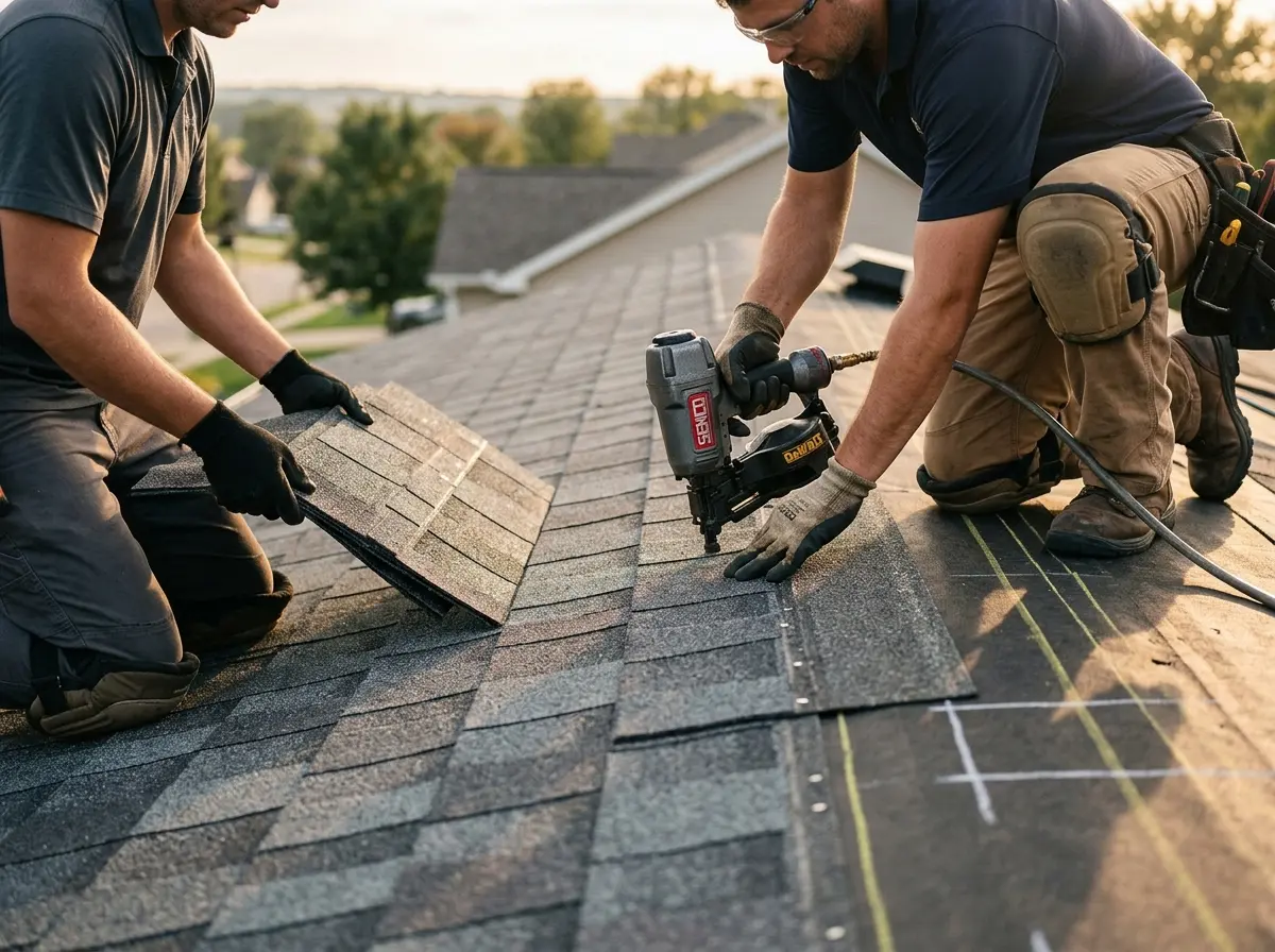 Professional roofer working on a residential roof in East Pennsboro